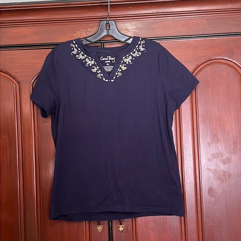 Coral Bay Blue V Neck Embellished Pullover Short Sleeve Size PL